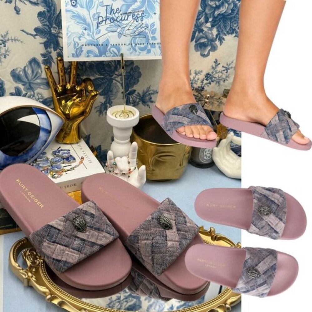 🆕 KURT GEIGER LONDON 🧿 NWOB Pink Bleach Denim Meena Eagle Slides, Sz 39 US8.5